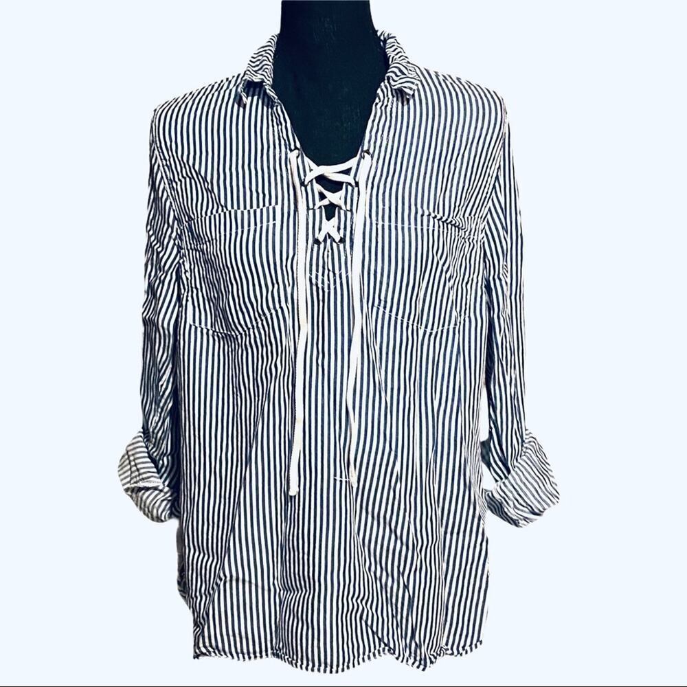 Old Navy Laced-Up Nautical Stripe Blue and White Striped Shirt Women's M Medium